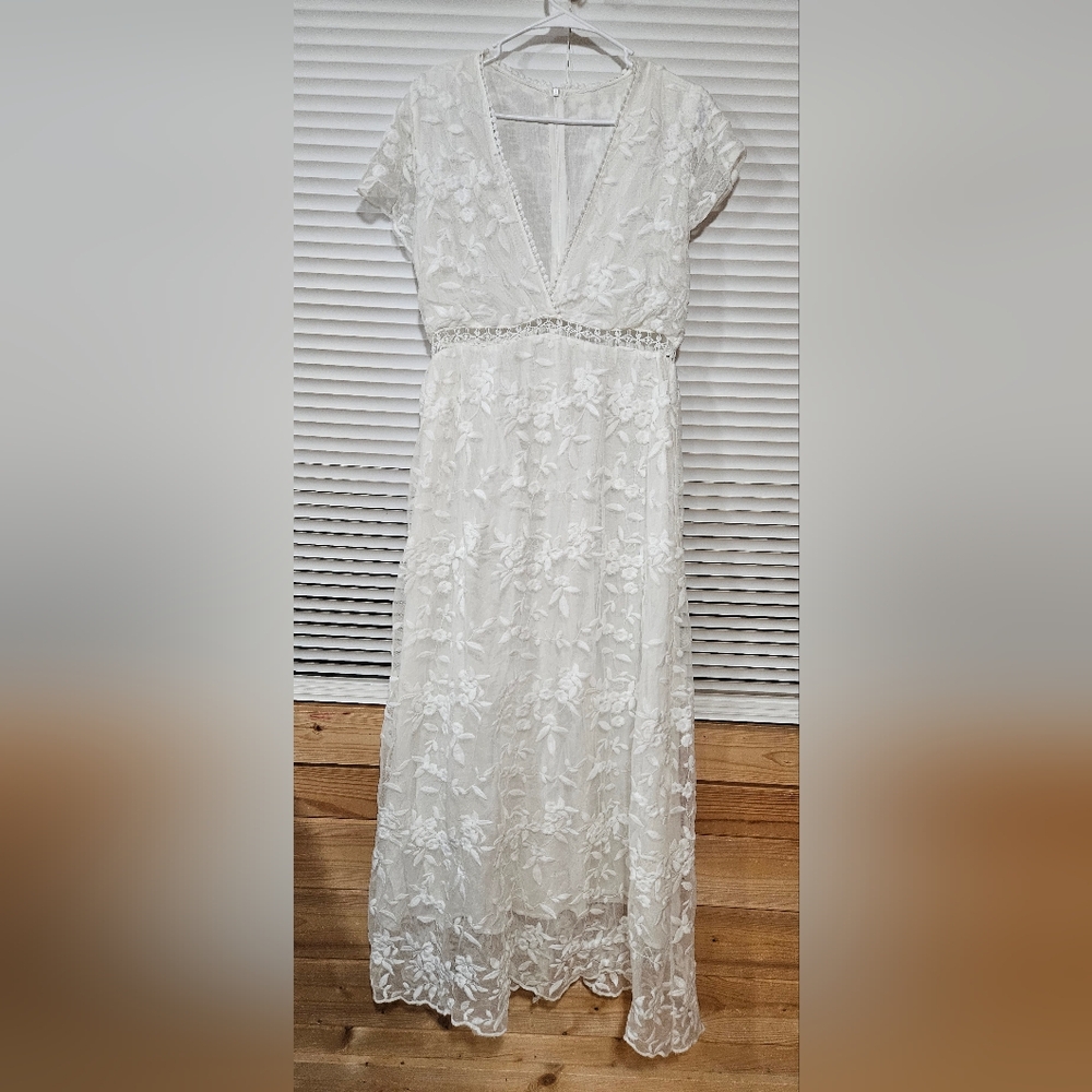 Women’S Summer V-Neck Short Sleeve Lace Hook-Floral Dress Chiffon Fabric Sze L - Picture 3 of 6
